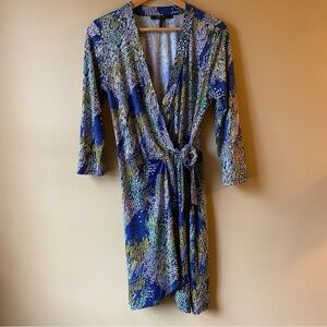 BCBGMAXAZRIA Designer Wrap Dress Medium Blue Yellow Floral Wrap 3/4 Sleeves
